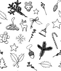 Merry Christmas - christmas decorations - black pencil hand drawn illustration (transparent PNG) - pattern, tileable, seamless