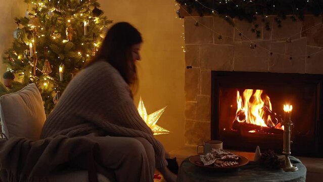 Woman with pets relaxing at cozy at fireplace in eve. Woman in cozy sweater hugging cute cat and playing with adorable dog at burning fireplace in christmas festive room. Footage
