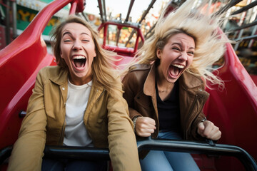  Happy young friends having fun in amusement park Prater in Vienna