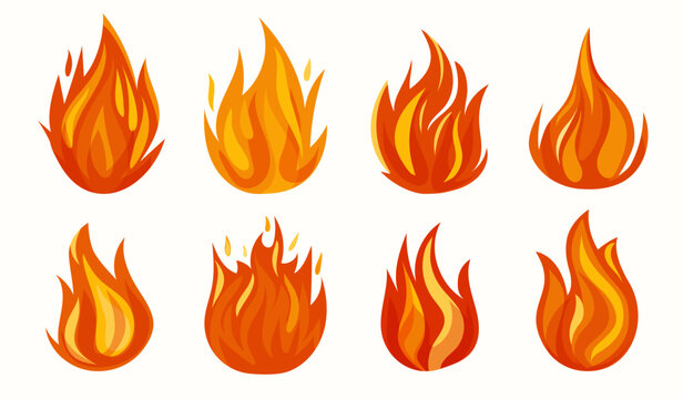 Warm orange fire flames with hot sparks set. Bonfire collection cartoon style. Flaming blaze icon. Vector illustration isolated white background