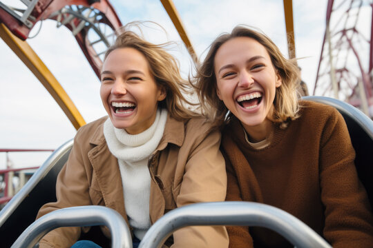  Happy young friends having fun in amusement park Prater in Vienna