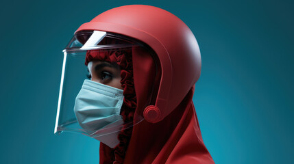Woman in Red Hazmat Suit with Face Mask and Face Shield on Blue Background - COVID-19 Pandemic