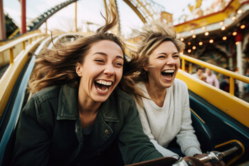  Happy young friends having fun in amusement park Prater in Vienna
