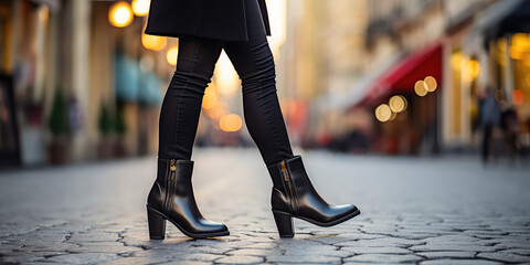 Female legs in black boots, in the street style, creative concept for the new fall collection of stylish women's shoes. - obrazy, fototapety, plakaty