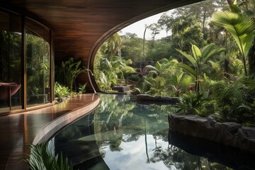 Fototapeta na wymiar Eco-Friendly Futuristic Villa with Natural Outdoor Swimming Pool - AI Generated