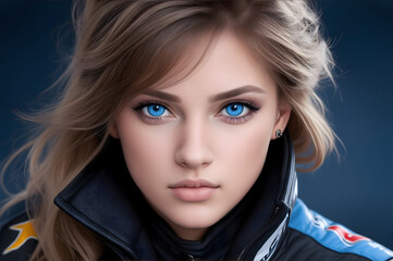 Formula One racing driver girl portrait, young and beautiful