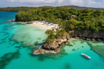 Bird's eye view of stunning beach on Cayo Levantado island in the Caribbean. Picture-perfect with palm trees, boats, and a tropical vacation vibe. Generative AI