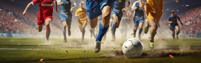 Soccer players in action during a football match. Blurred background. Football Concept With a Copy Space. Soccer Concept With a Space For a Text. - obrazy, fototapety, plakaty