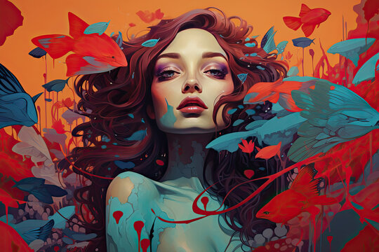 Abstract illustration of a gingerhead girl portrait and multi-colored variations of goldfish on an orange background.