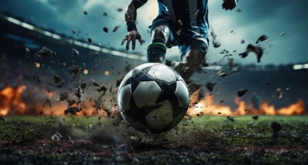 Soccer player kicks the ball on the football field during the match. Football Concept With a Copy Space. Soccer Concept With a Space For a Text.
