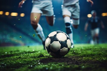 Soccer players in action on the field at night. Soccer ball. Football Concept With a Copy Space. Soccer Concept With a Space For a Text.
