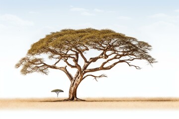 Solitary African acacia tree on white background. Generative AI