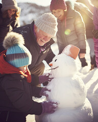 happiness family gathering around a snowman in a snowy landscape, children with Grandpa and Grandma for Christmas, AI