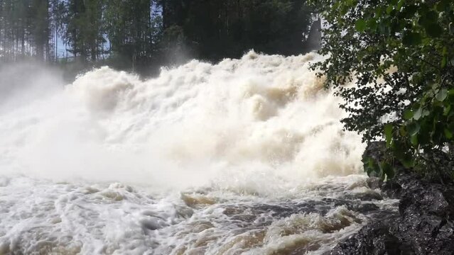 muddy turbulent stream, waterfall under a rock during high water