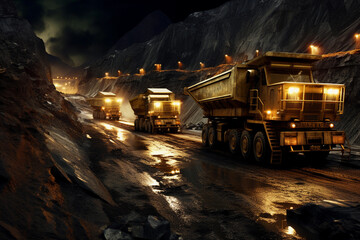Mining industry and construction equipment in the quarry at night.