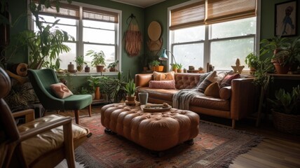 Living room decor, home interior design . Mid-Century Modern Bohemian style with Large windows decorated with Wood and Textiles material . Generative AI AIG26.