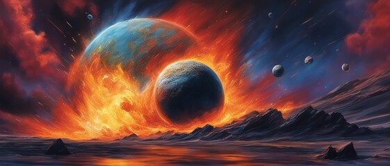 Asteroid collisions with a celestial body. The planet collides with the moon, the planet was consumed by fire