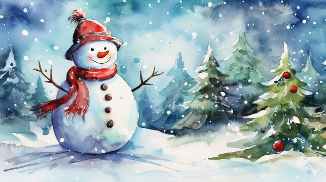 At a Christmas fir tree, a snowman. drawing by children.