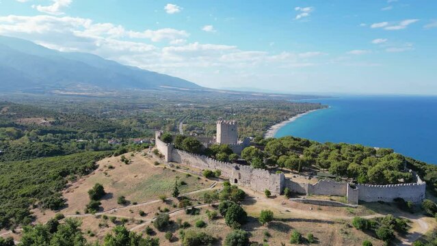 Aerial view of the Platamon Castle is a Crusader castle in Macedonia, Greece and is located southeast of Mount Olympus. Drone shot of Platamonas castle on Aegean Sea coast