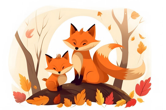 Red foxes in the autumn forest. illustration against the background of an autumn forest.