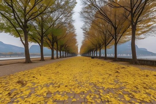 autumn alley, with yellow trees on the sides, beautiful nature landscape