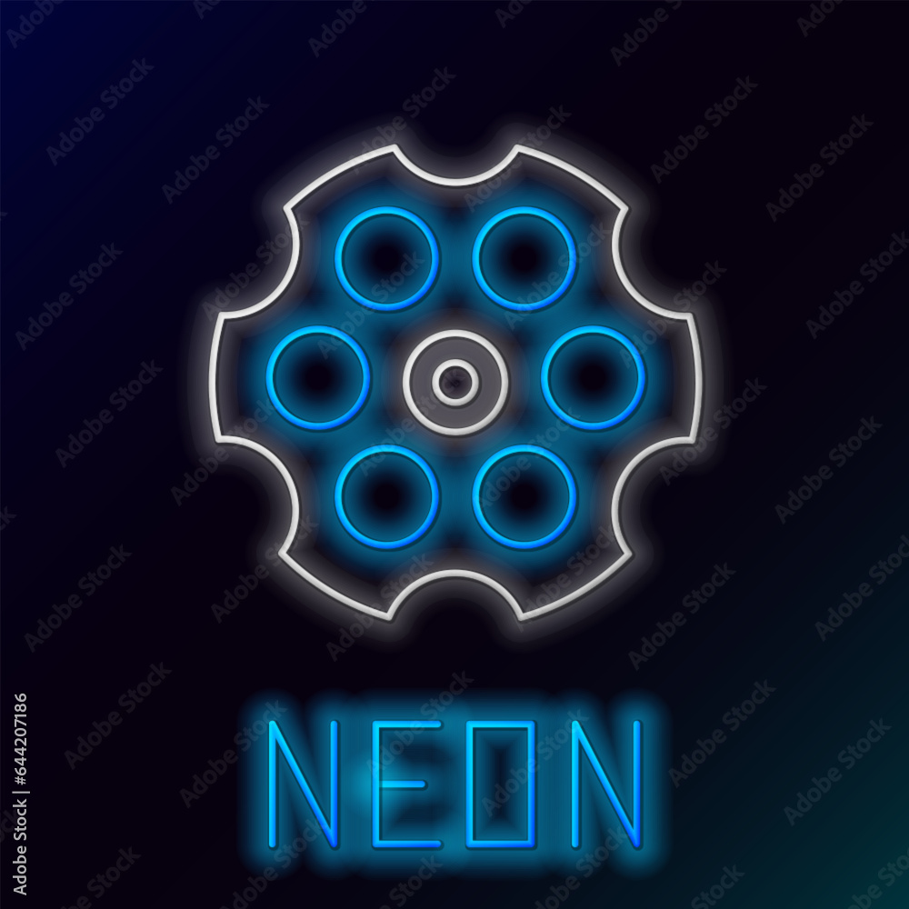 Sticker glowing neon line revolver cylinder icon isolated on black background. colorful outline concept. vec