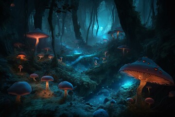 Fototapeta na wymiar Enchanting scene of glowing mushroom-filled forest with mystical creatures. Generative AI