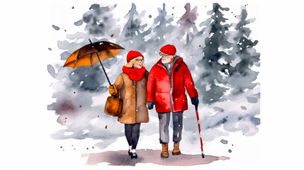 Watercolor drawing of grandparents on a walk in the autumn forest isolated on white background