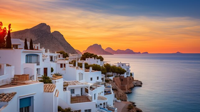 White houses in Altea at dusk in Costa Blanca, Spain