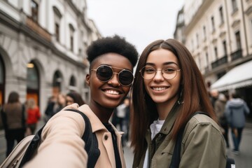 shot of a pair of young friends exploring the city and posing for selfies