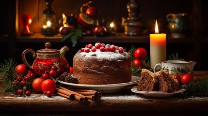 On a wooden table with holiday decorations, a Christmas fruit cake is displayed.