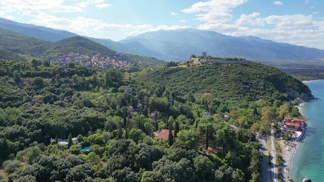 Aerial view of the Platamon town sea-side resort and Platamon Castle is a Crusader castle in Macedonia, Greece and is located southeast of Mount Olympus