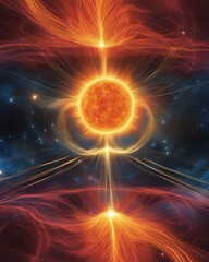 Abstract eruption of energy on the surface of the Sun. The energy is spreading in all directions through the space by fiery threads