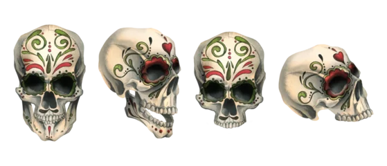 Papier Peint photo Crâne Human skulls profile and front with a painted ornament is evil, terrible. Hand drawn watercolor illustration for day of the dead, halloween, Dia de los muertos. Set of elements on a white background.