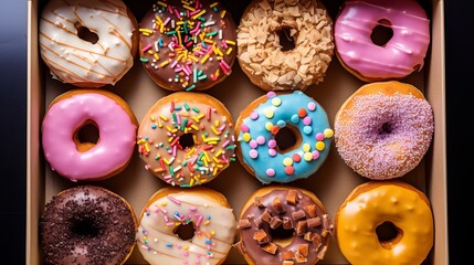 Dozen colorful artisan donuts arranged in a box for office brunch.