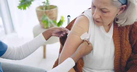 Old woman, medical and nurse with a plaster, arm vaccine and healthcare treatment with cure for disease. Senior person, pensioner and doctor with elderly lady, injection bandage, patient and safety - Powered by Adobe