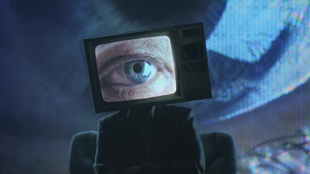 Scary observing person in a suit and a television head, single eye. Zoom in transition. Retro futuristic sci-fi animation. Propaganda, invigilation concept. Fake news symbol. Checkered room. 