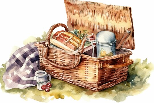 Vintage Watercolor Illustration Of Picnic Blanket And Food Basket. Generative AI