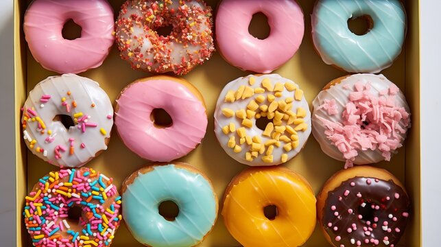 Dozen colorful artisan donuts arranged in a box for office brunch.