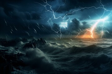 Violent nighttime ocean storm with lightning and surging waves. Generative AI
