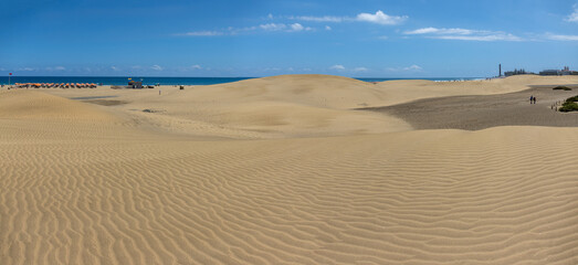 Panoramic photograph of the Maspalomas Dunes. The wind and sand create different landscapes. Gran Canaria, Spain