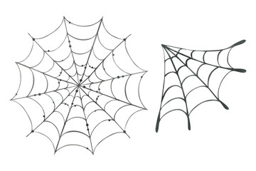 Black round cobwebs with dots. Hand drawn watercolor illustration for day of the dead, halloween, Dia de los muertos. Set of isolated objects on a white background