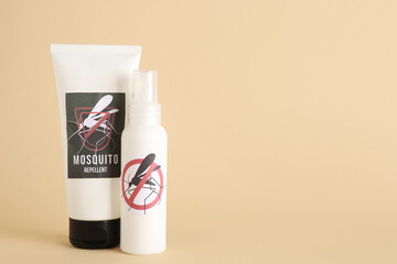 Mosquito repellent products on beige background
