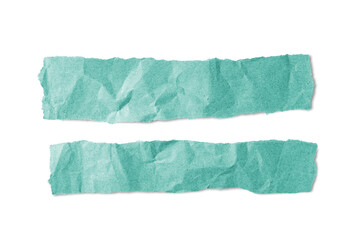 Turquoise crumpled paper pieces with torn edge isolated on white, transparent background, PNG. Recycled craft paper wrinkled, creased texture, ripped border. Template, mockup with copy space for text