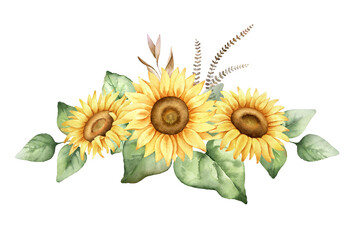Fall bouquet of sunflowers with green leaves. - 644208158