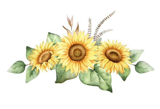 Fall bouquet of sunflowers with green leaves.