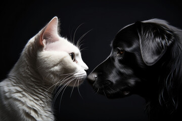 White cat and black dog together. Best friends. AI generated - Powered by Adobe