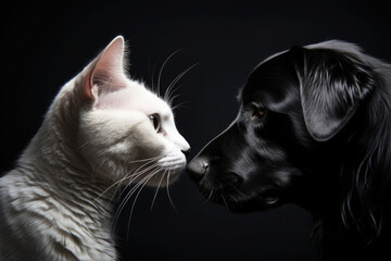 White cat and black dog together. Best friends. AI generated