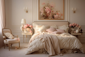 Cozy bedroom with pillows and an upholstered headboard. Bedroom in provence style. Interior details in pink tones. AI generated