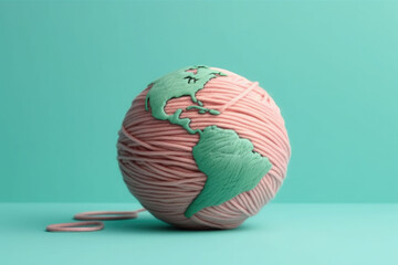 Soft Earth globe made of ball of yarn on pastel green background. Generative AI